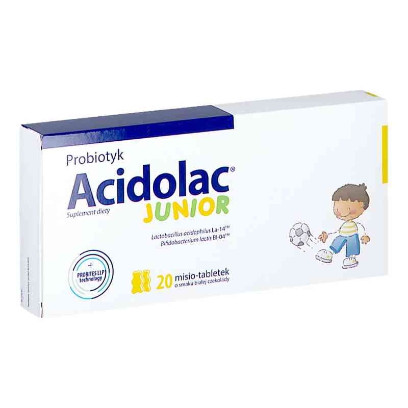 Acidolac Junior misio tabletki o smaku białej czekolady 20 tabl. od ZAKŁ. FARMACEUTYCZNE POLPHARMA S.A. PZN 08303541