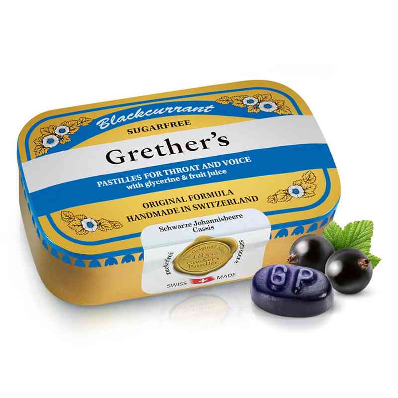 Grethers Blackcurrant Srebro, bez cukru, pastylki w tubie 110 g od Hager Pharma GmbH PZN 06989673